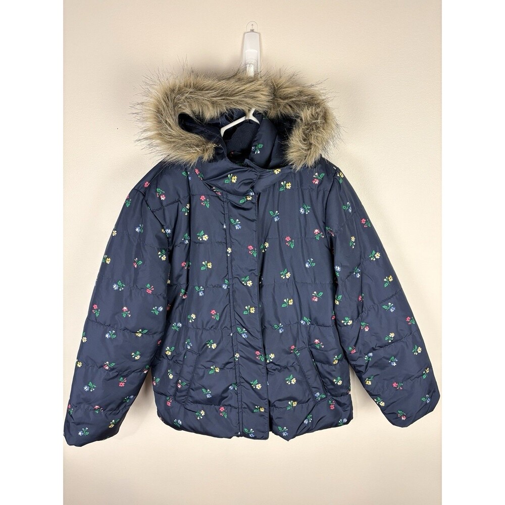 GAP Kids Girls Navy Floral Puffer Jacket Hooded Faux Fur Trim Full Zip Large